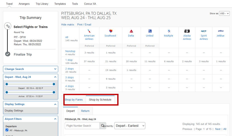 screenshot of Concur search tool